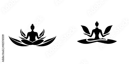 Black icon design of a meditating figure with leaf elements illustrating tranquility and harmony