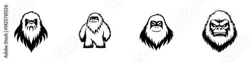 Four distinct black icons of stylized ape figures showcasing various expressions and postures
