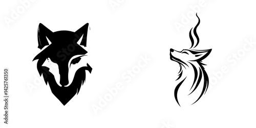 Black wolf icon and stylized fox design showcasing distinctive artistic styles and features in a minimalist format