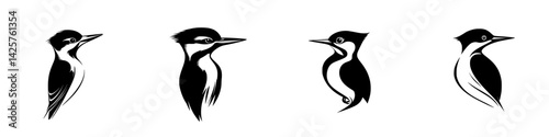 Collection of black icons representing woodpeckers in various poses and styles showcasing their distinctive features and characteristics