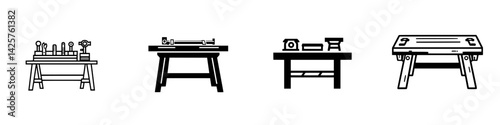 Collection of black icons depicting various types of workbenches and tools for woodworking and crafting projects