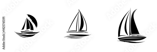 Set of three black icons depicting sailboats on water amidst minimalist design