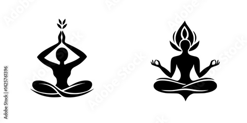 Black icons representing meditation and yoga practices for wellness and mindfulness in a minimalistic design