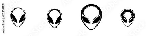 Different variations of black alien icons created on a white background for graphic design use