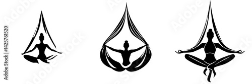 Elegant black icons depicting aerial yoga poses with graceful figures suspended in silk fabric in a minimalist design