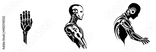 Black icon set featuring robotic hand and human-like figures in different postures and designs