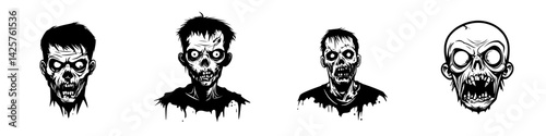 Collection of four detailed black icons depicting zombie characters showing different expressions and styles in a horror-themed design