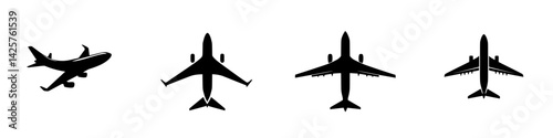 Black aircraft icons representing different angles and designs for various uses in travel and transportation graphics