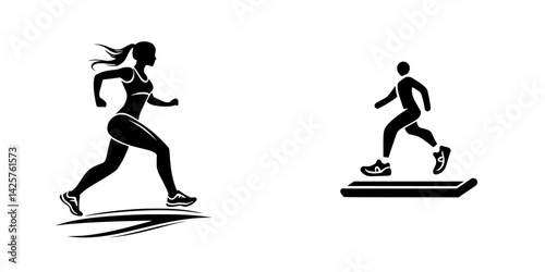 Black icons depicting a female runner and a male jogger on a treadmill in a fitness context