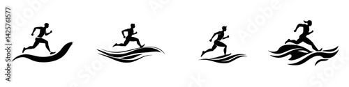 Dynamic series of black icons depicting a runner in various motion stages on wave patterns