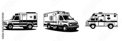 Black icons of emergency ambulances displayed in various styles and designs for medical and health-related themes