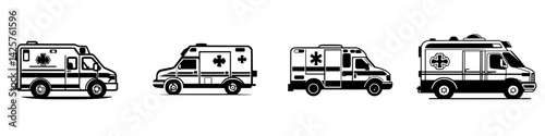 Different styles of emergency vehicles showcased through simple black icons in various designs and orientations