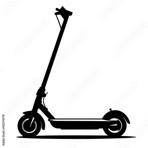Black icon of a modern electric scooter standing on a flat surface against a white backdrop