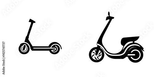 Black icon set of electric scooters representing modern urban transportation options for short-distance travel