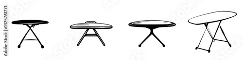 Black icon set featuring various folding tables in different shapes and designs for versatile use in homes and events