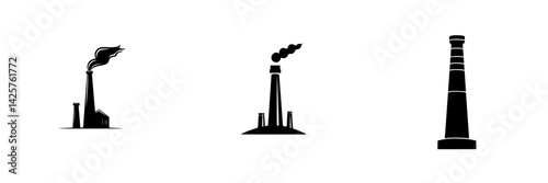 Set of black factory icons representing industrial structures and smokestacks in a minimalistic design
