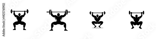 Black icons representing weightlifting activities with various stances and positions in a dynamic workout setting