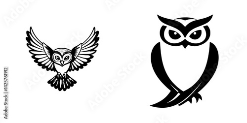 Black icon set featuring stylized owl designs with distinct features and variations in pose photo