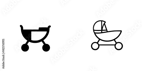 Black icon set depicting a stroller design for baby transportation, ideal for modern parenting visuals and digital projects
