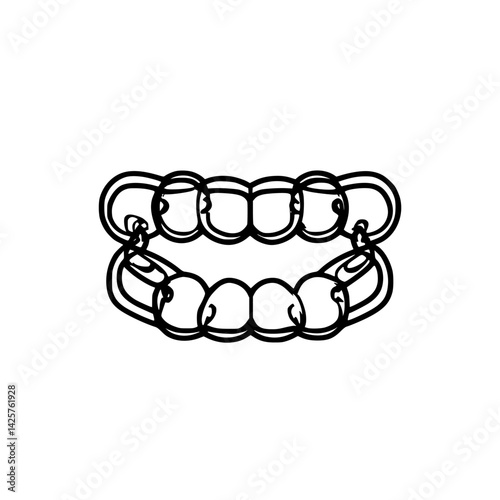 Black icon of a stylized set of teeth connected by chains in a simple design