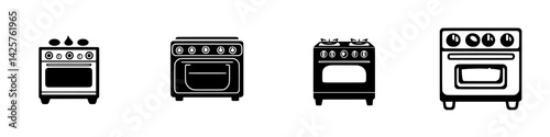 Set of four black kitchen stove icons designed for modern culinary aesthetics