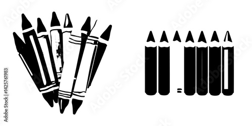 Creative black icon set featuring various types of crayons arranged in unique designs for art applications