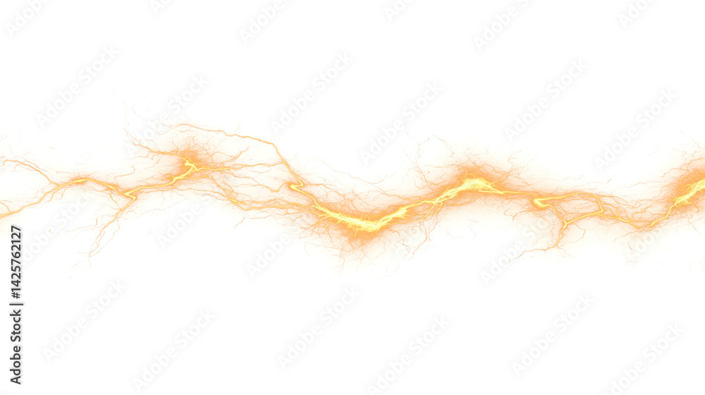Wavy orange lightning bolt with electric branches, ideal for overlays and VFX on transparent background