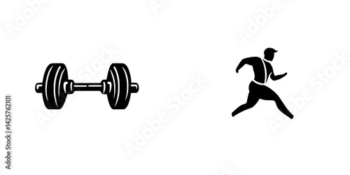 Black icons featuring a dumbbell and a running figure representing fitness and exercise activities