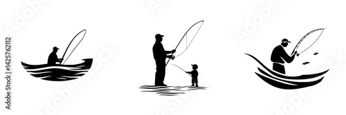 Black icons representing fishing activities on water featuring individuals and a child with fishing rods and a boat