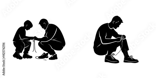 Father and child learning to tie shoelaces during a nurturing moment in a simple setting