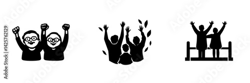 Group of cheerful icons celebrating joy and togetherness with raised hands in a festive atmosphere