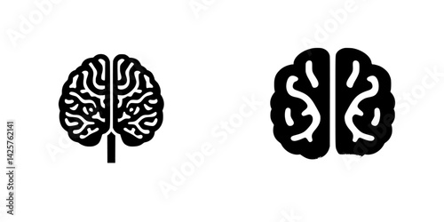 Set of black brain icons featuring different designs, showcasing the left and right hemisphere with intricate patterns