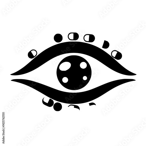 Stylized black icon of an eye with circular details and decorative elements around it, representing vision and perception