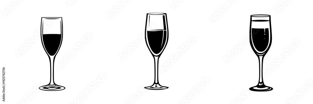 Set of black icons depicting different wine glasses on a clean white background showcasing elegance and variety in drinkware design Set of black icons depicting different wine glasses on a clean white background showcasing elegance and variety in drinkware design