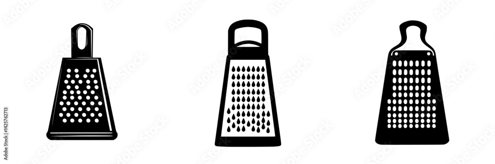 Set of three black kitchen graters in various designs showcasing essential cooking utensils for food preparation