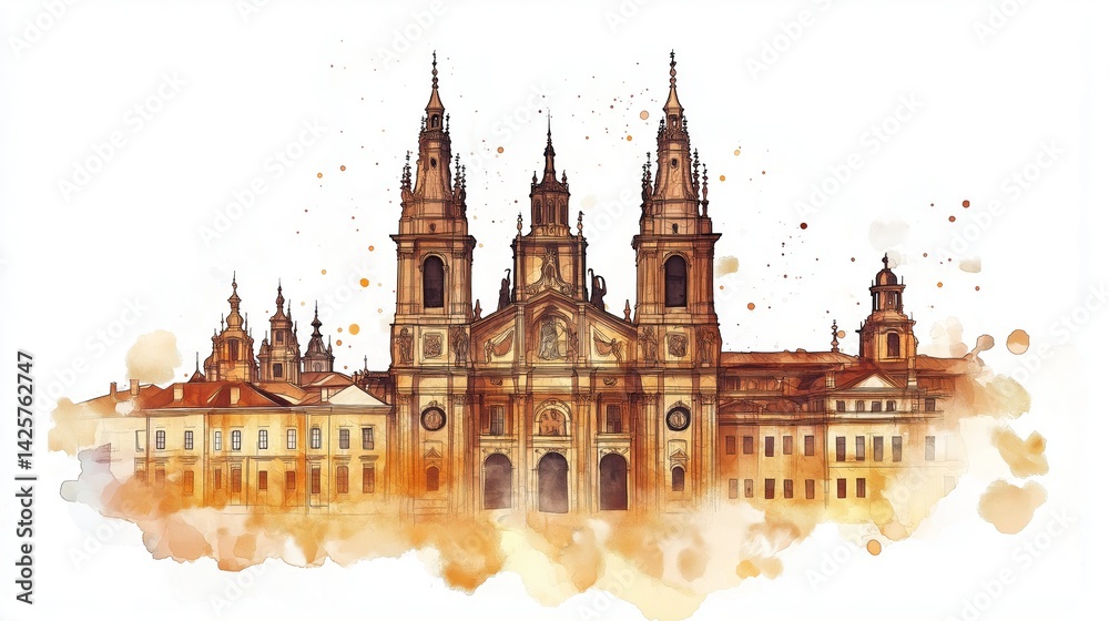 Obraz premium Cathedral of Santiago de Compostela. Cathedral of Santiago de Compostela hand drawn watercolor illustration