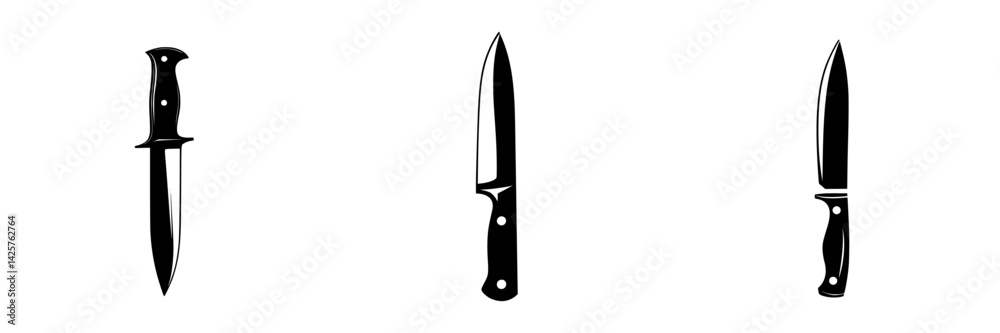 Black icon set featuring various knife designs for culinary and artistic use Black icon set featuring various knife designs for culinary and artistic use