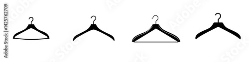 Collection of four minimalistic black clothing hangers on a white background showcasing various styles