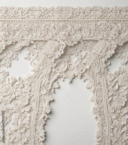 White background showcases ornate vintage lace trim; textured, classic design ,  retro,  background,  antique