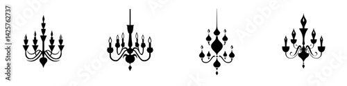 Various black chandelier icons showcasing distinct designs for elegant decor