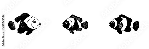 Illustration of three black icon-style fish swimming in a minimalist design suitable for various creative projects
