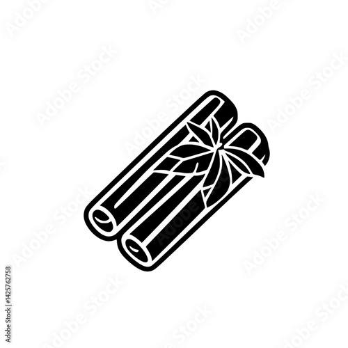 Black icon representing two cinnamon sticks with leaves, perfect for spice-related graphics or culinary themes
