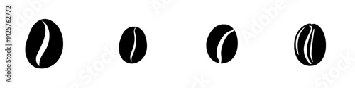 Four black coffee beans displayed in various orientations showcasing the unique shapes and designs of each bean type in a minimalist style