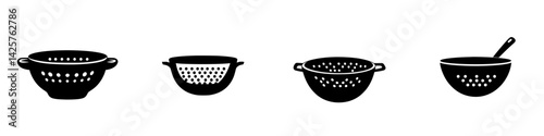 Different styles of black kitchen colanders for food preparation and cooking needs