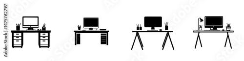 Different styles of black icons representing work desks in a minimalist design suitable for various themes and projects