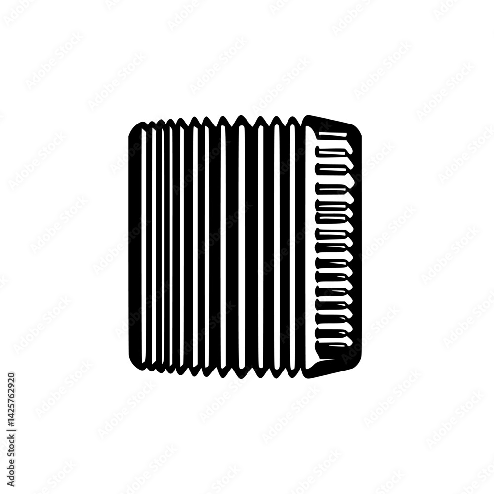 Black icon depicting an accordion instrument with multiple folds and keys for musical performance in a classic style Black icon depicting an accordion instrument with multiple folds and keys for musical performance in a classic style