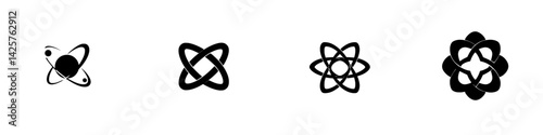 Various black icons representing scientific concepts and atomic structures, showcasing creativity and design in a minimalist style