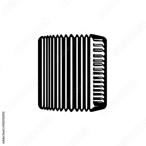 Black icon depicting an accordion instrument with multiple folds and keys for musical performance in a classic style