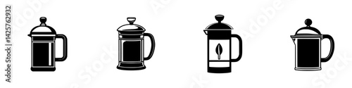 Collection of black coffee press icons showcasing various designs and shapes for coffee enthusiasts
