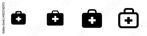 Black icons representing first aid kits in varying sizes on a clean white background for design use